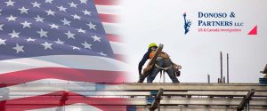 Construction worker on wooden structure with American Flag Image
