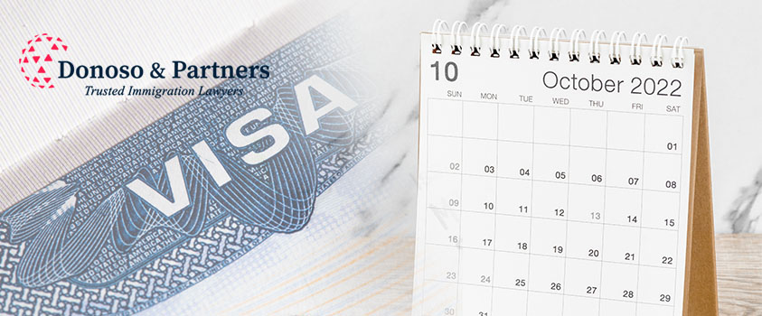 Visa with desk calendar on month of October 2022