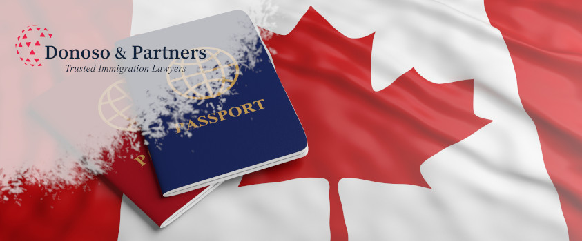 Canadian maple leaf flag with a blue and red passport book